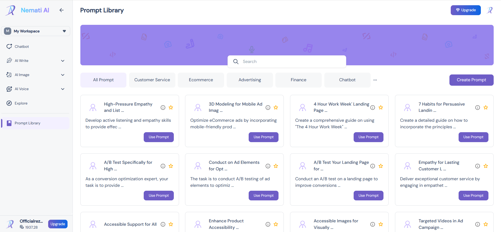 screenshot of desktop prompt library section