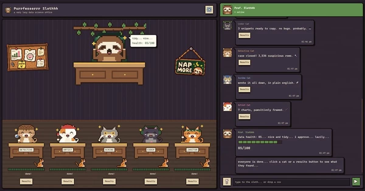 🦥 We built a pixel-art office where five cats do your data analysis while a sloth naps 🐱
