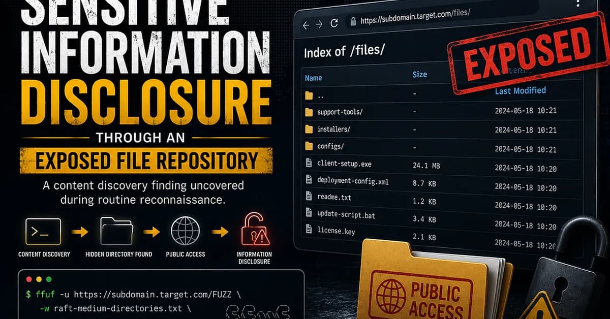 Sensitive Information Disclosure Through an Exposed File Repository.
