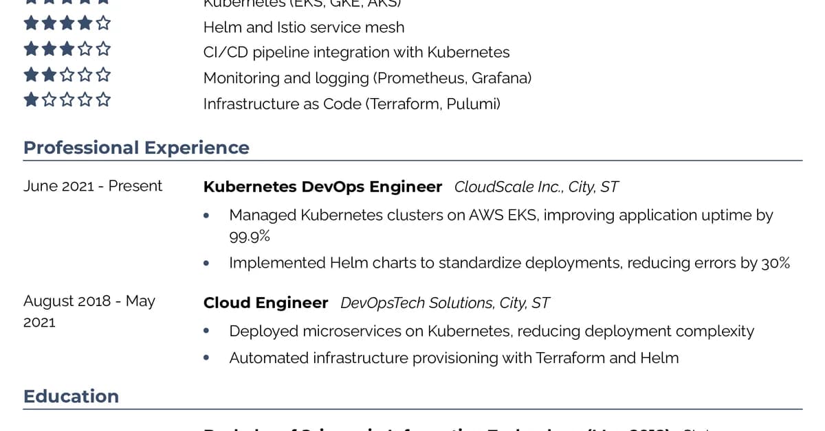 DevOps Engineer Resume Example (Docker, Kubernetes, Terraform) 2026
