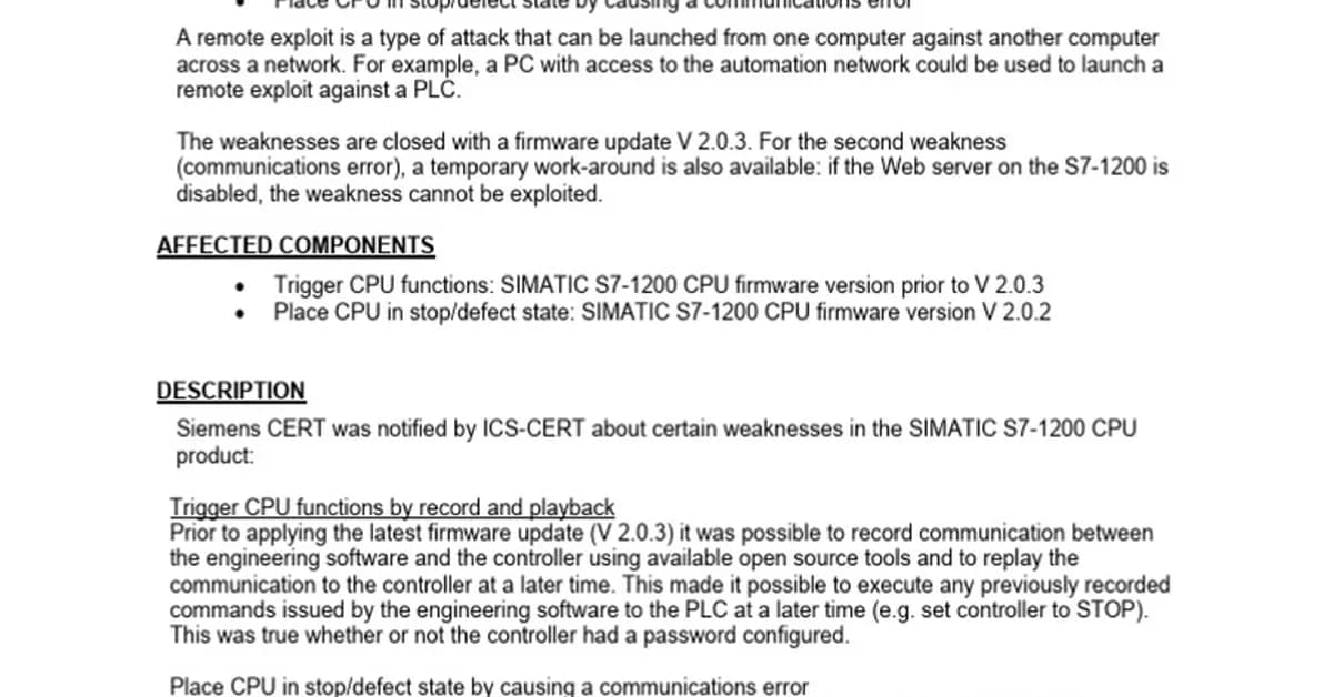 [Control systems] Siemens security advisory (AV26-347)