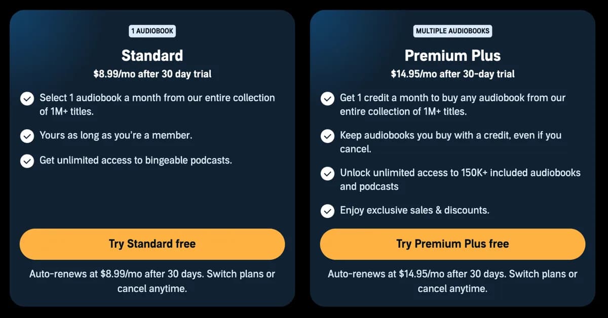 Audible's new plan is $9 a month and still includes an audiobook credit