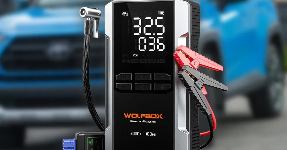 The Wolfbox 4-in-1 Cordless Car Jump Starter, Tire Inflator, Power Bank, and Flashlight Drops to Just $59.99