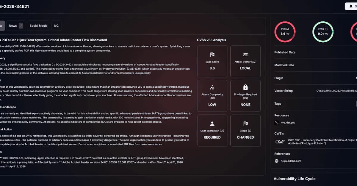CVE-2026-34621: Adobe Acrobat Reader Zero-Day Enables Arbitrary Code Execution via Crafted PDF