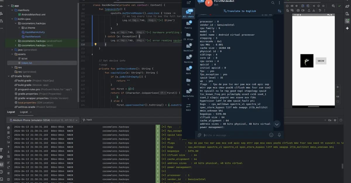 Mobile malware development trick 3. CPU info logger: anti-VM and anti-sandbox. Simple Android (Kotlin) example