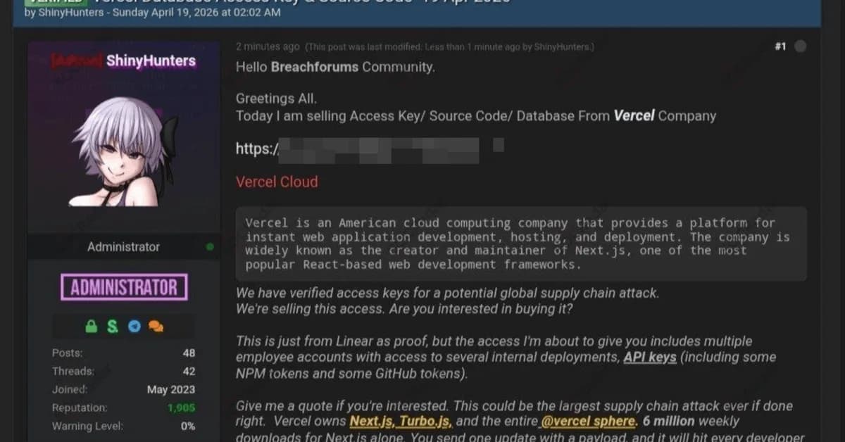 Vercel Breach: Hacker Claims to Sell Stolen Data in Potential Global Supply Chain Attack