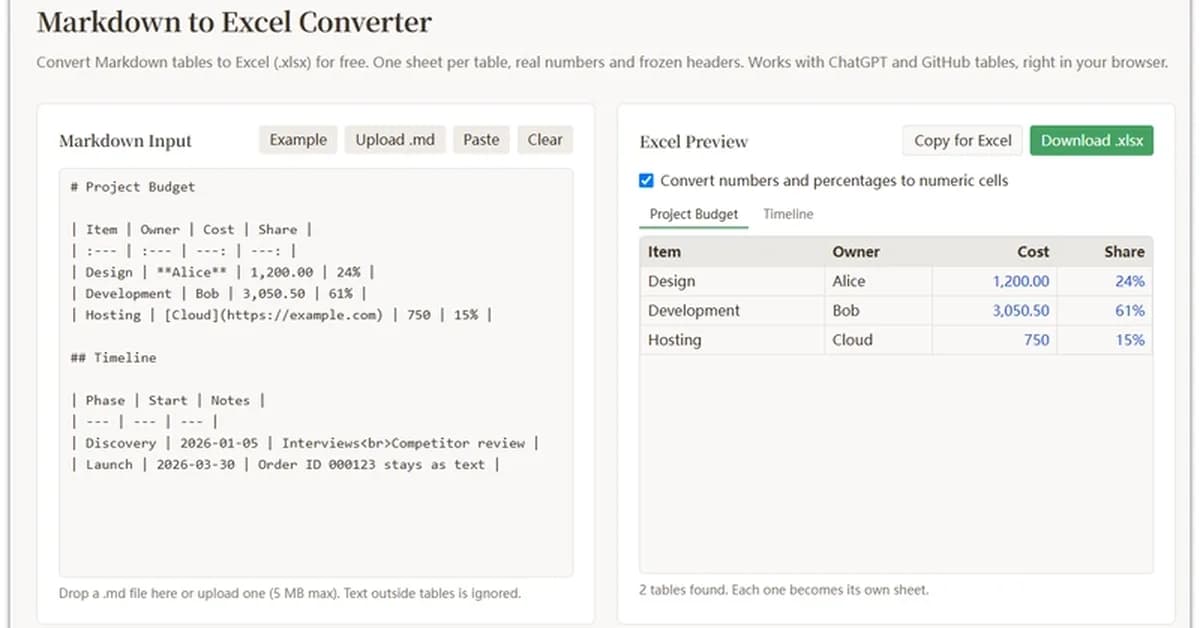 I built a free tool that turns AI-generated Markdown tables into Excel