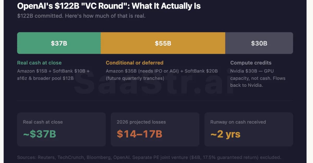 OpenAI's $122B "VC Round" Is Vendor Deals, Contingent Capital, and a Guaranteed Return It Arguably Can't Afford