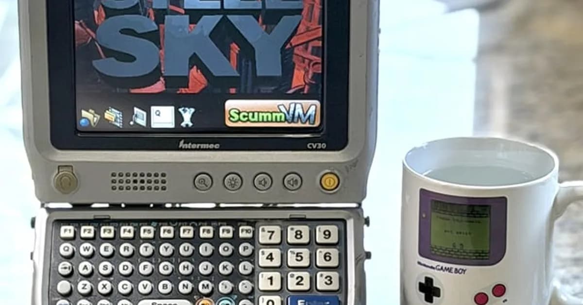 The weirdest device I'm gaming on today: an Intermec CV30 industrial computer playing "Beneath A Steel Sky" on ScummVM