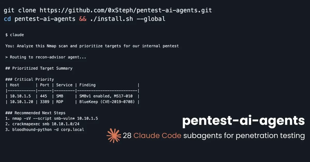 pentest-ai-agents - 28 Claude Code Subagents for Penetration Testing