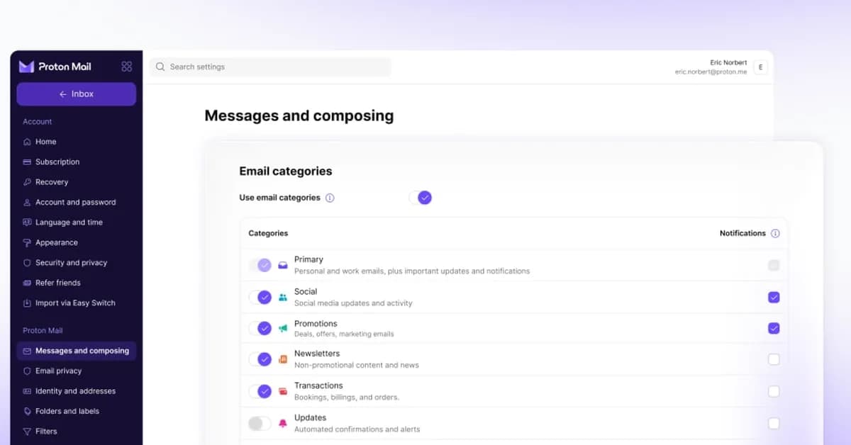 Keep important emails in focus with Proton Mail Categories
