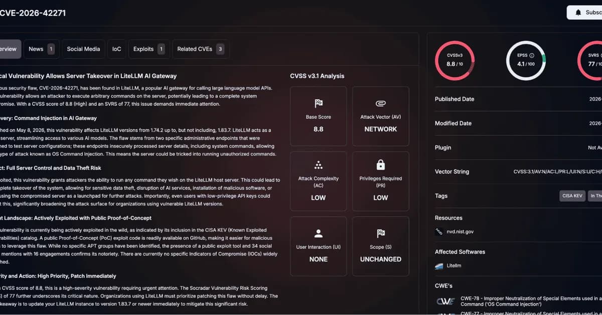 CISA KEV Highlights LiteLLM RCE (CVE-2026-42271) & Check Point VPN Auth Bypass (CVE-2026-50751)