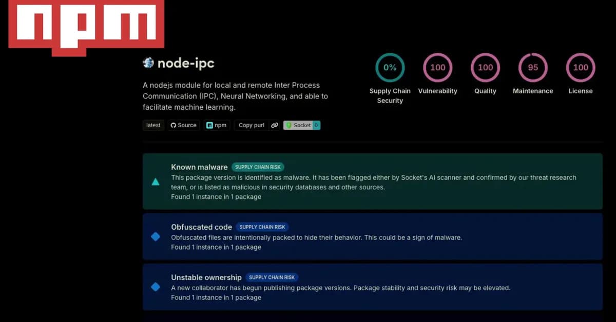 node-ipc npm Package with 822K Weekly Downloads Compromised in Supply Chain Attack