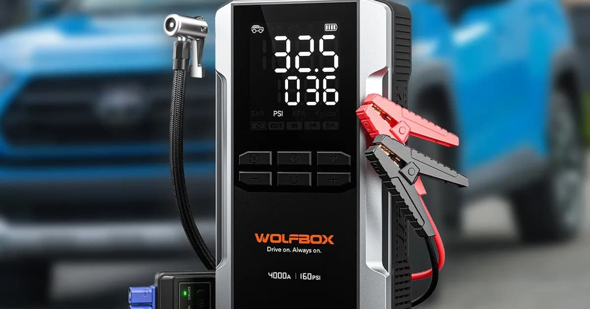 Save 60% the Wolfbox 4,000A Cordless Jump Starter, Tire Inflator, and 24,000mAh Power Bank in One